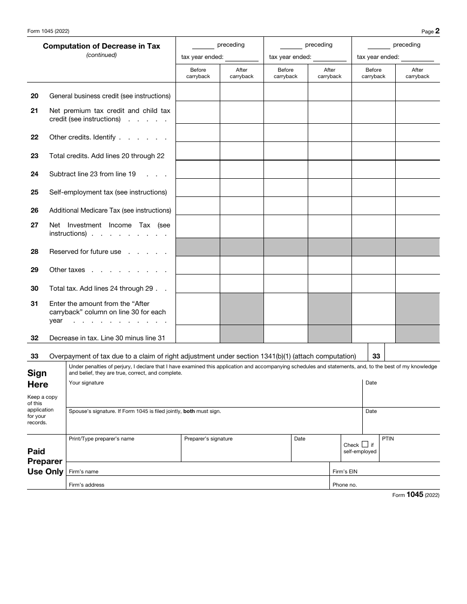 Irs Form 1045 Download Fillable Pdf Or Fill Online Application For