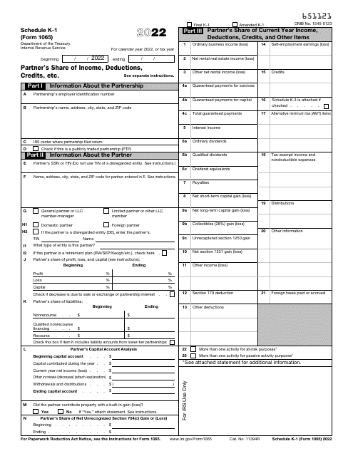 IRS Form 1065 Schedule K-1 Partner's Share of Income, Deductions, Credits, Etc., 2022