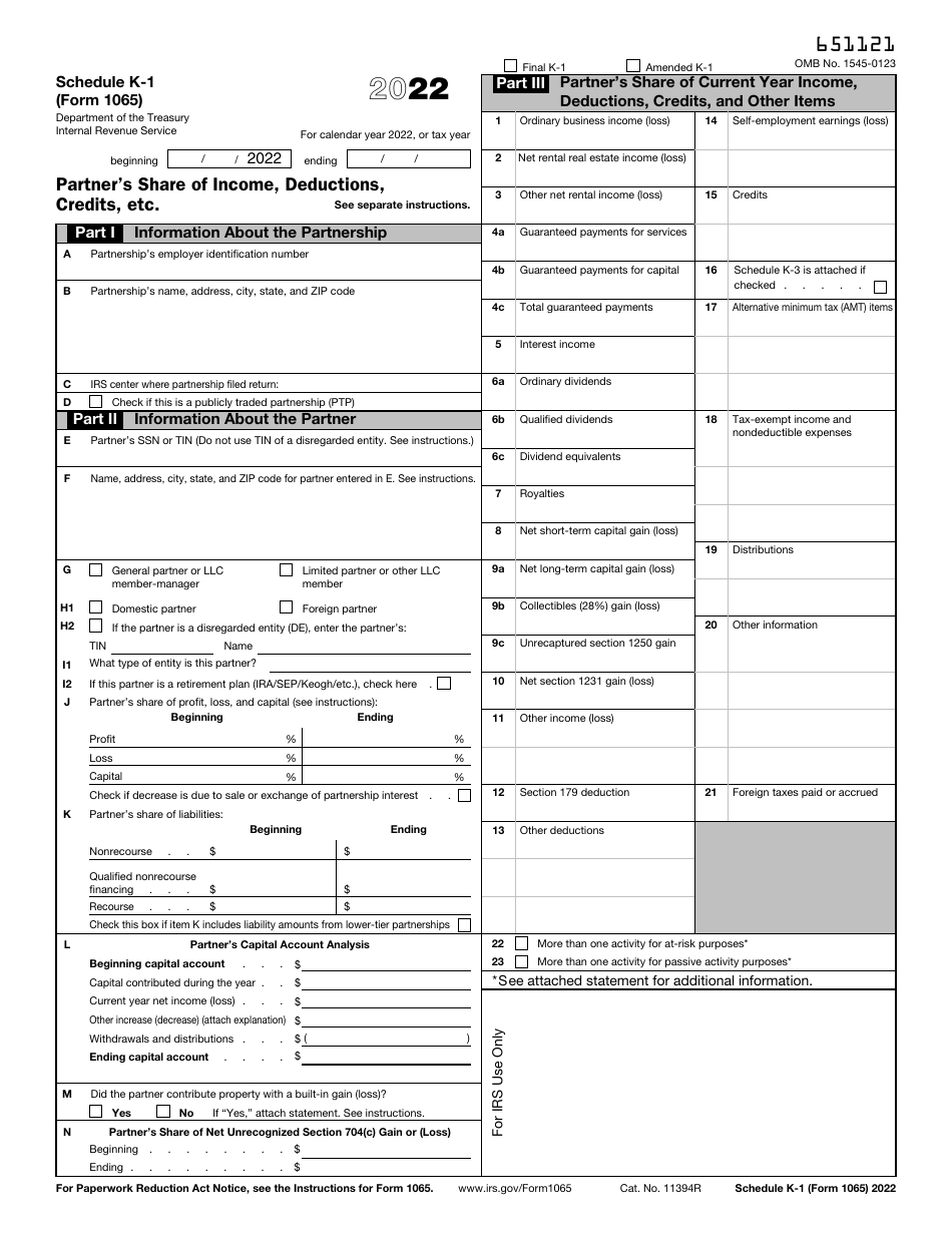 IRS Form 1065 Schedule K-1 Partners Share of Income, Deductions, Credits, Etc., Page 1