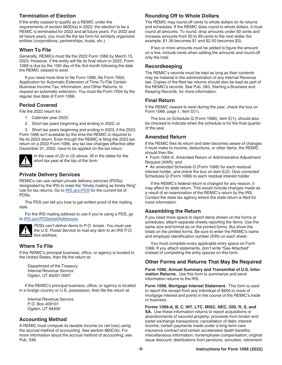 Instructions for IRS Form 1066 U.S. Real Estate Mortgage Investment Conduit (REMIC) Income Tax Return, Page 2