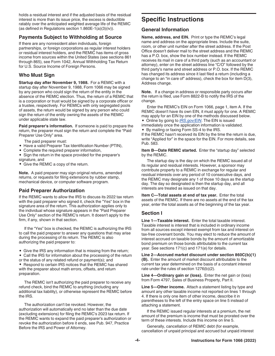 Instructions for IRS Form 1066 U.S. Real Estate Mortgage Investment Conduit (REMIC) Income Tax Return, Page 4