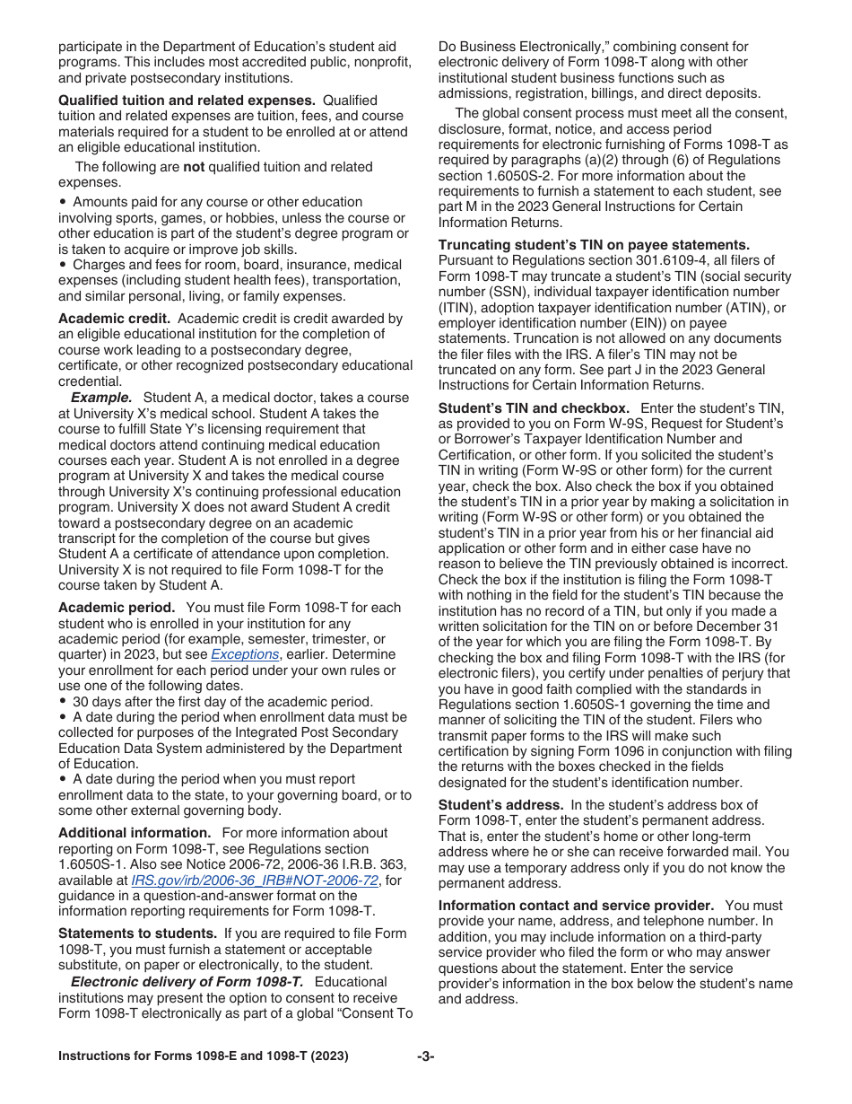 Instructions for IRS Form 1098-E, 1098-T, Page 3