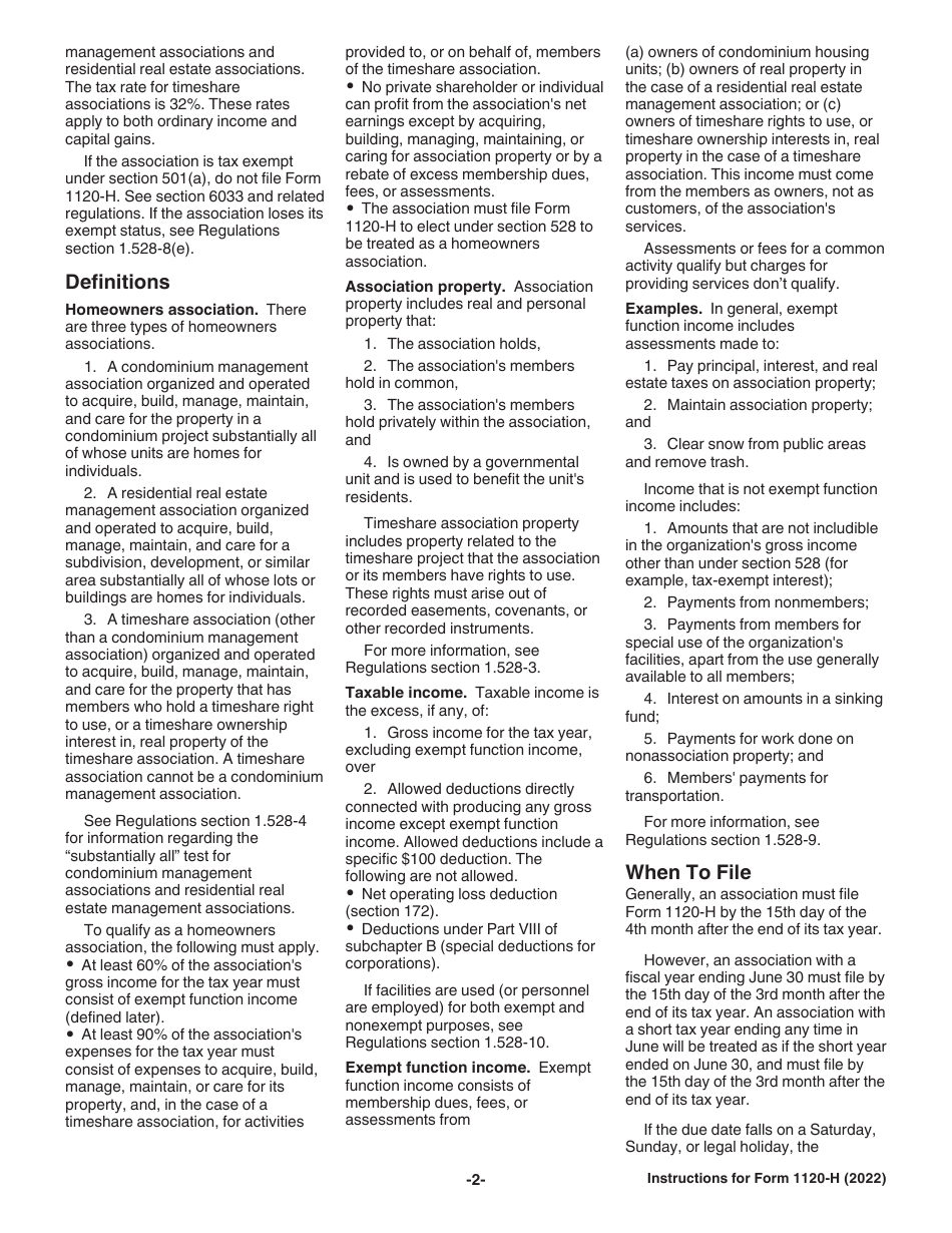 Instructions for IRS Form 1120-H U.S. Income Tax Return for Homeowners Associations, Page 2
