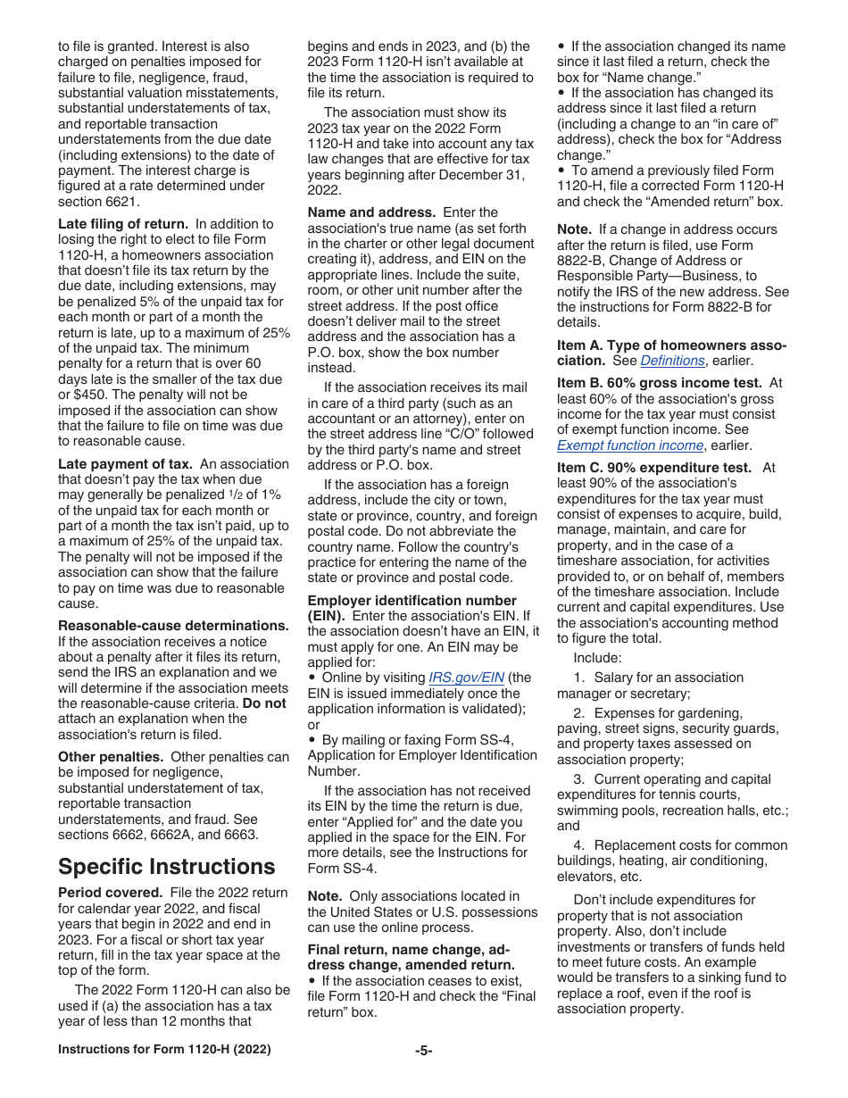 Download Instructions for IRS Form 1120H U.S. Tax Return for