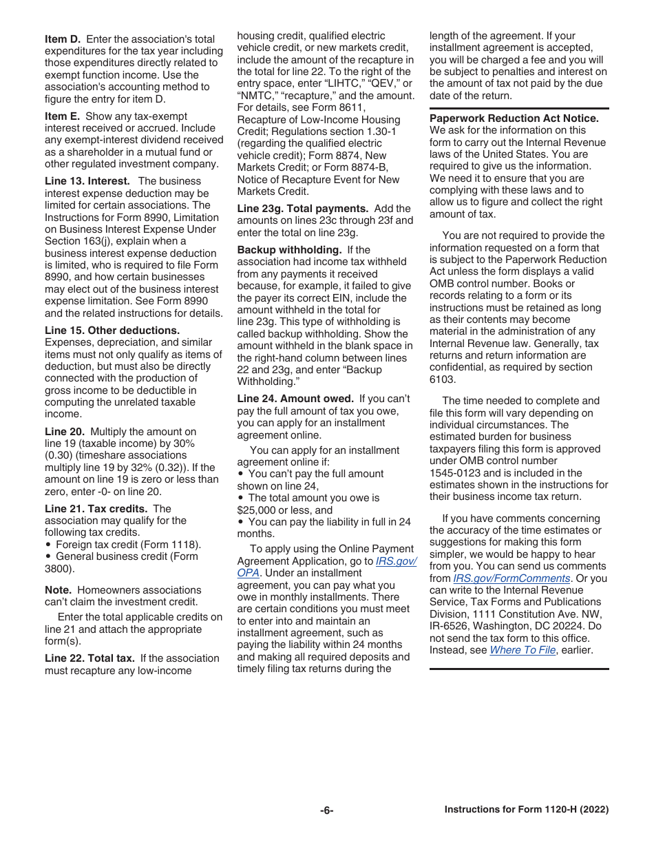 Instructions for IRS Form 1120-H U.S. Income Tax Return for Homeowners Associations, Page 6