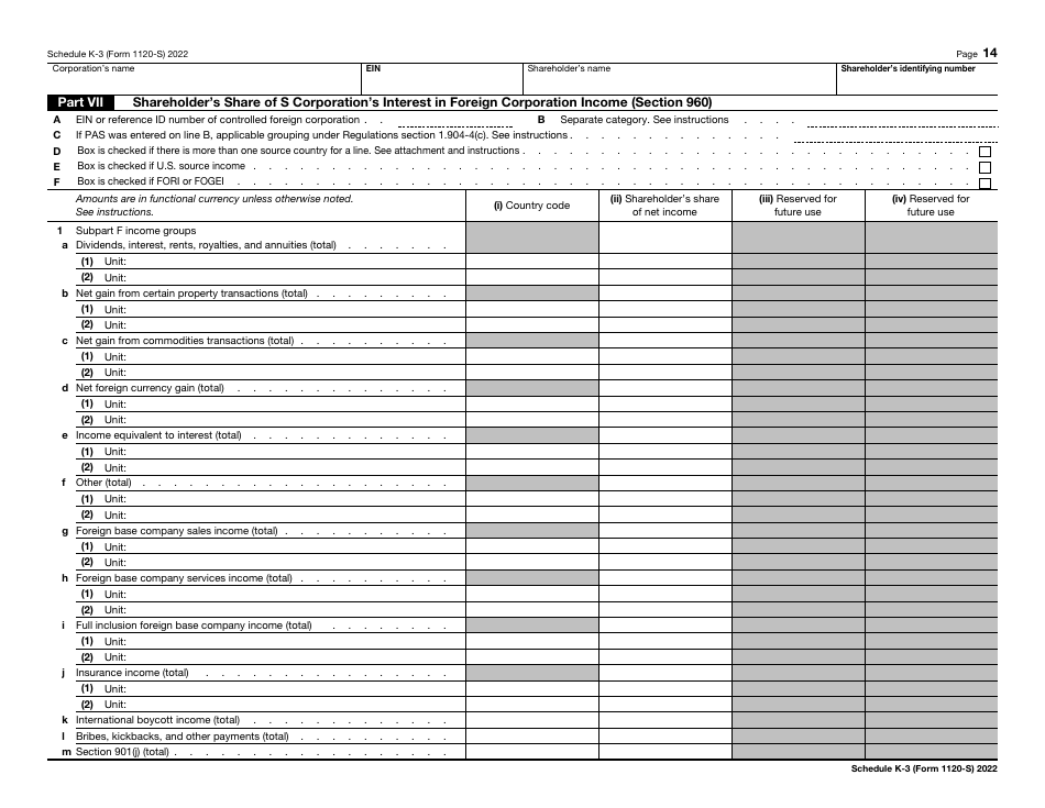 IRS Form 1120-S Schedule K-3 Shareholders Share of Income, Deductions, Credits, Etc. - International, Page 14
