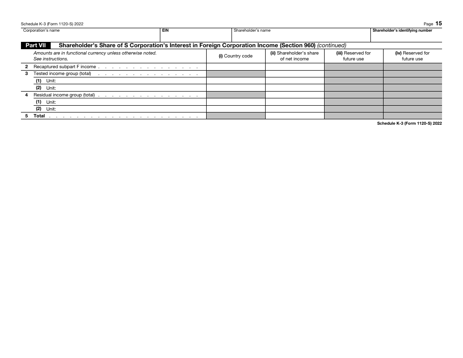 IRS Form 1120-S Schedule K-3 Shareholders Share of Income, Deductions, Credits, Etc. - International, Page 15