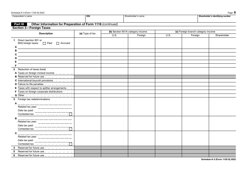 IRS Form 1120-S Schedule K-3 Shareholders Share of Income, Deductions, Credits, Etc. - International, Page 8
