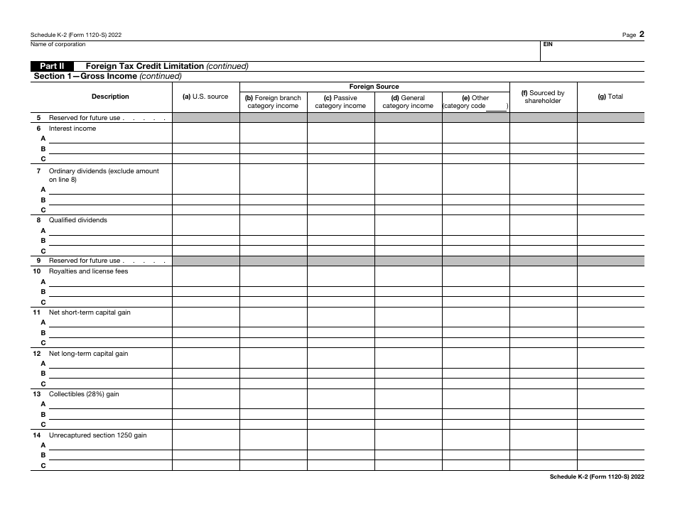 IRS Form 1120-S Schedule K-2 Shareholders Pro Rata Share Items - International, Page 2
