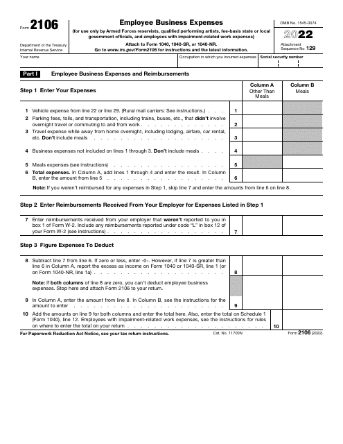 IRS Form 2106 2022 Printable Pdf