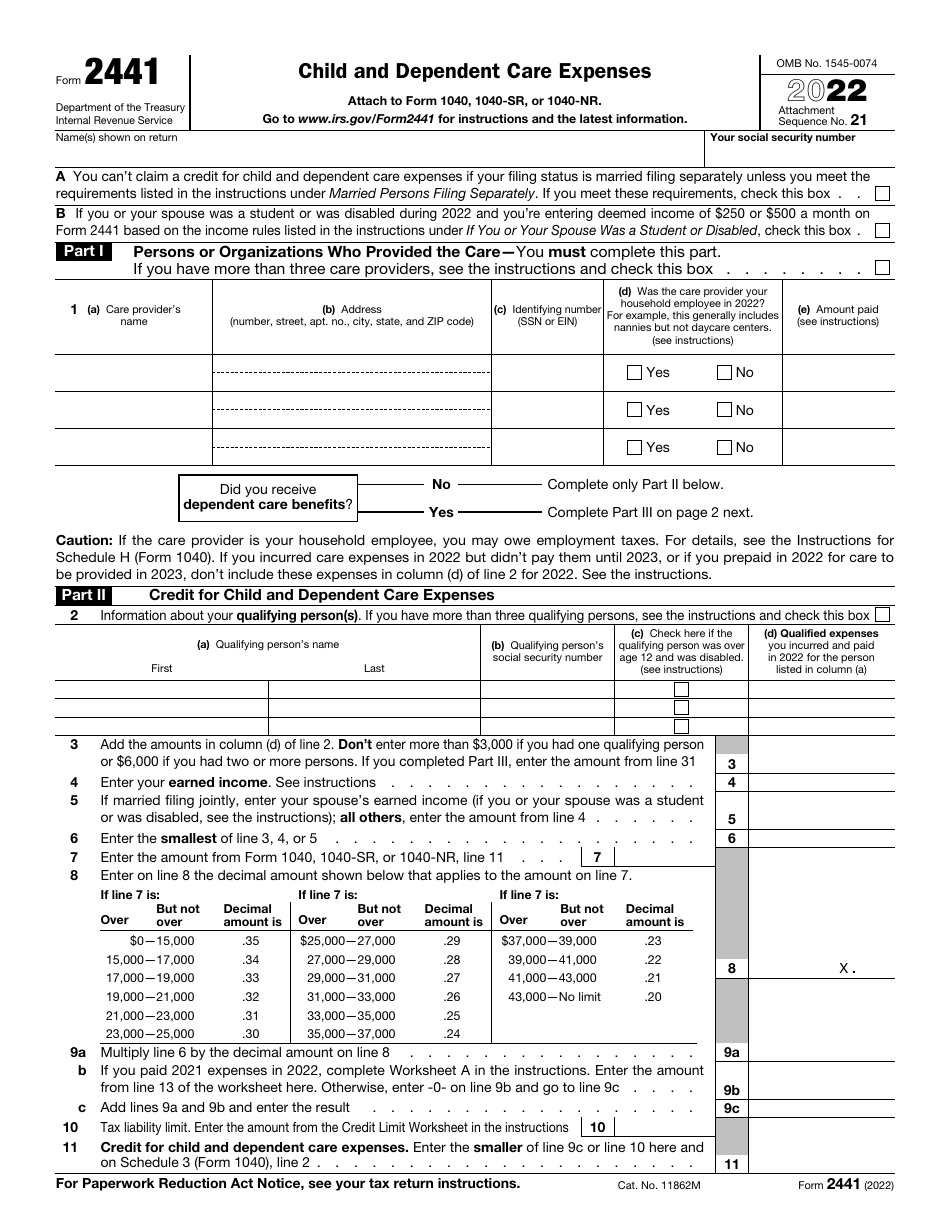 IRS Form 2441 Download Fillable PDF or Fill Online Child and Dependent ...