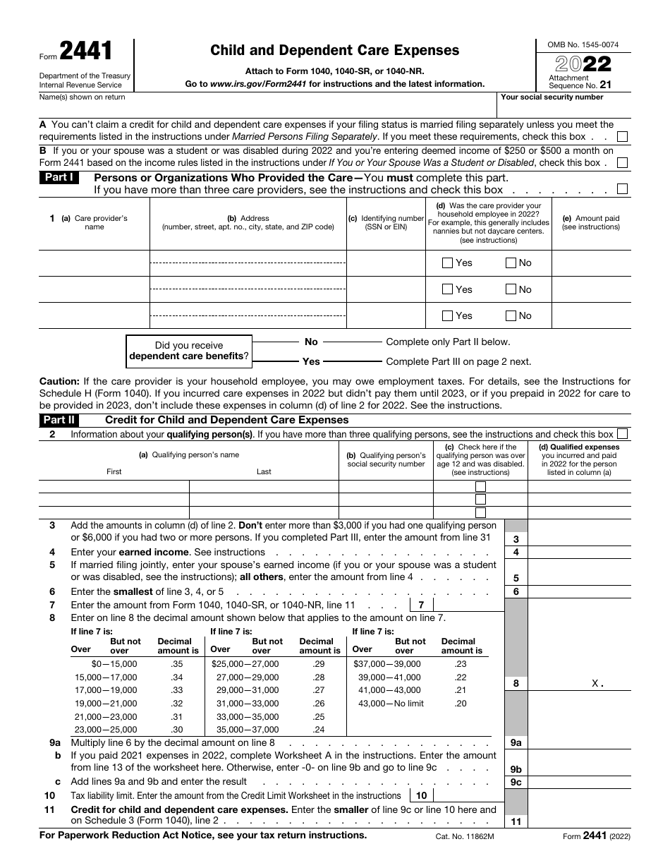 IRS Form 2441 Child and Dependent Care Expenses, Page 1