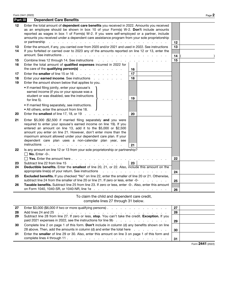 IRS Form 2441 Download Fillable PDF or Fill Online Child and Dependent ...