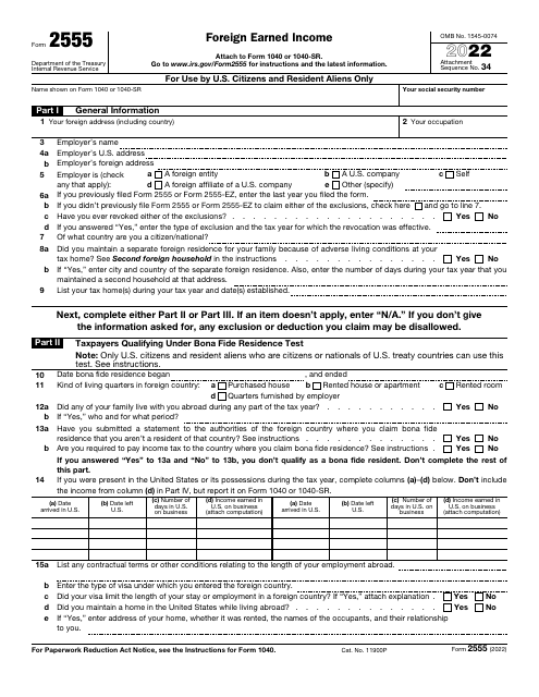 IRS Form 2555 2022 Printable Pdf