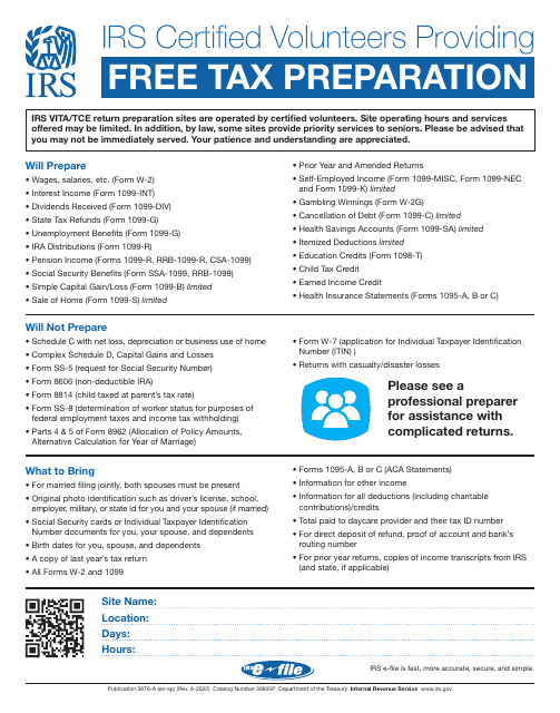 IRS Certified Volunteers Providing Free Tax Preparation (English / Spanish) Download Pdf