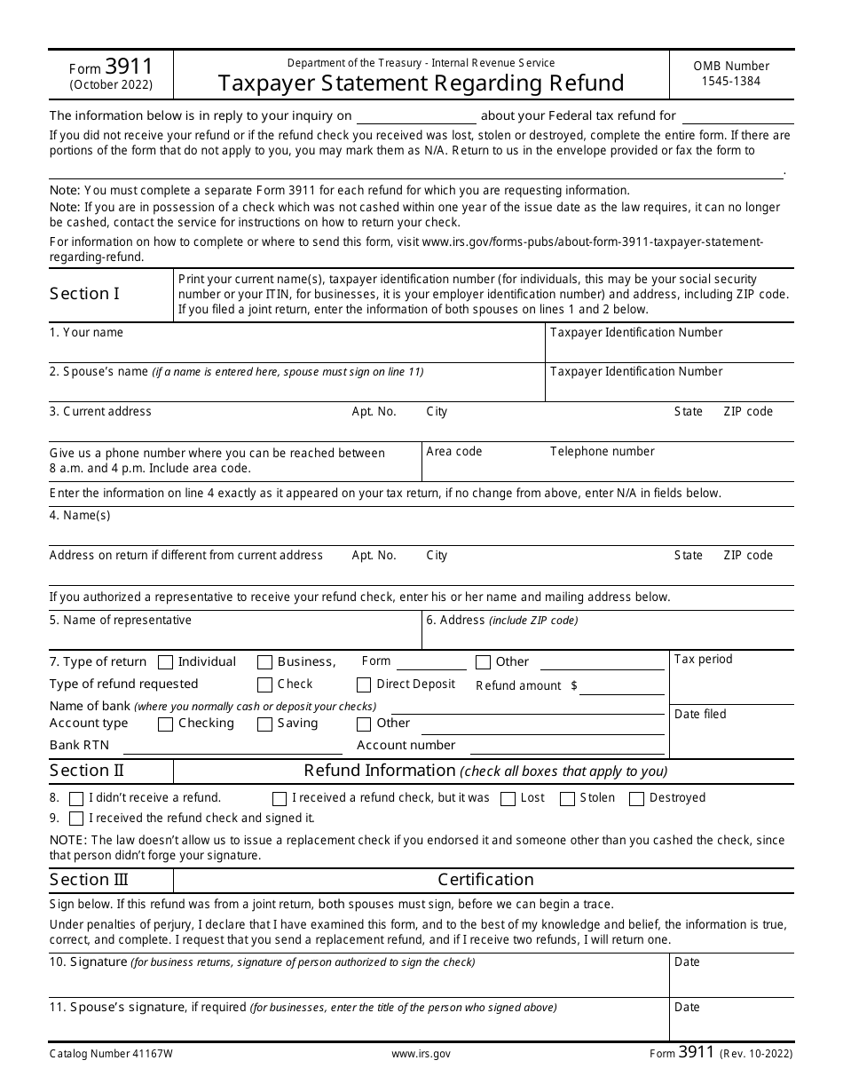 IRS Form 3911 Download Fillable PDF or Fill Online Taxpayer Statement ...