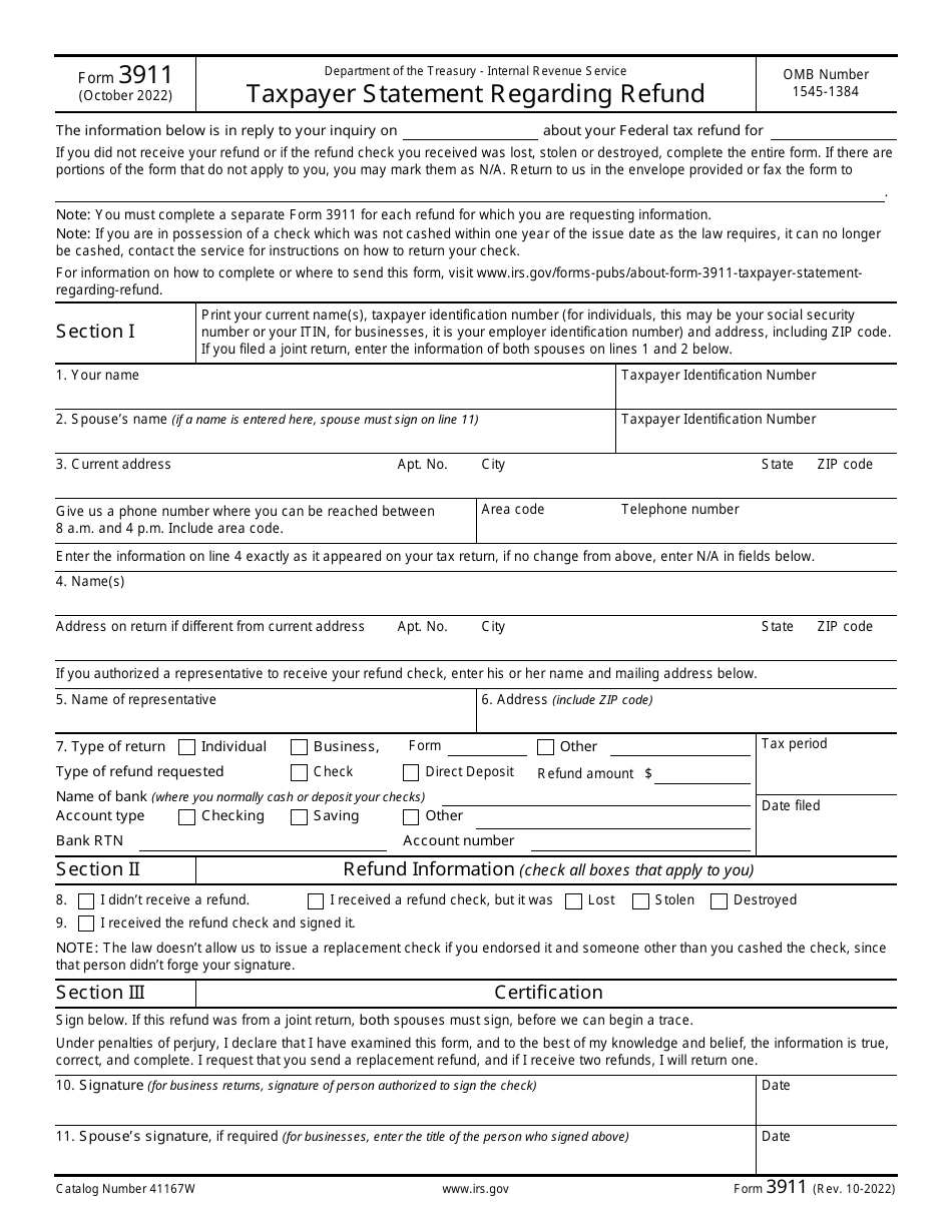 IRS Form 3911 Download Fillable PDF or Fill Online Taxpayer Statement