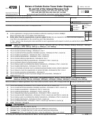 Document preview: IRS Form 4720 Return of Certain Excise Taxes Under Chapters 41 and 42 of the Internal Revenue Code, 2022