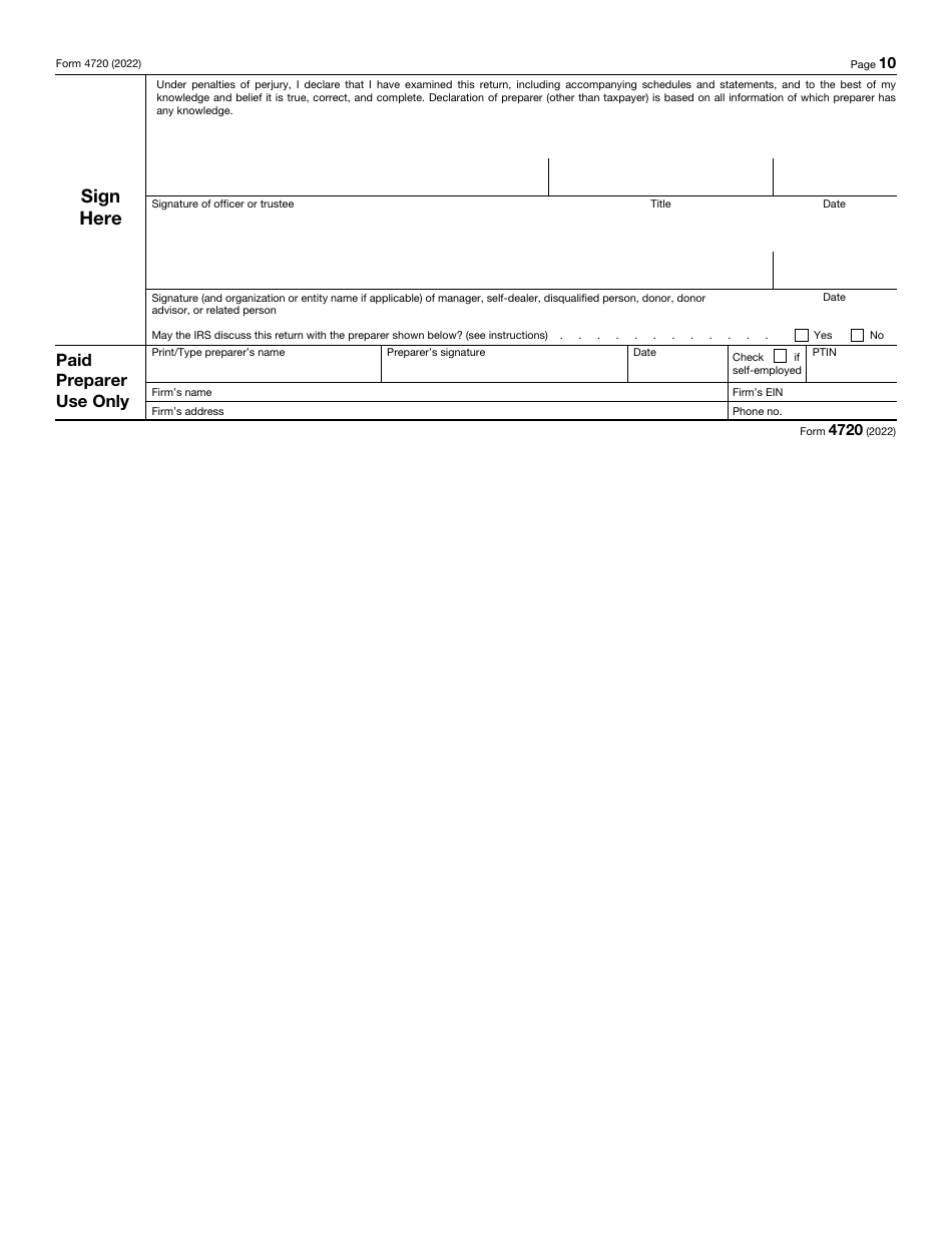 IRS Form 4720 Return of Certain Excise Taxes Under Chapters 41 and 42 of the Internal Revenue Code, Page 10