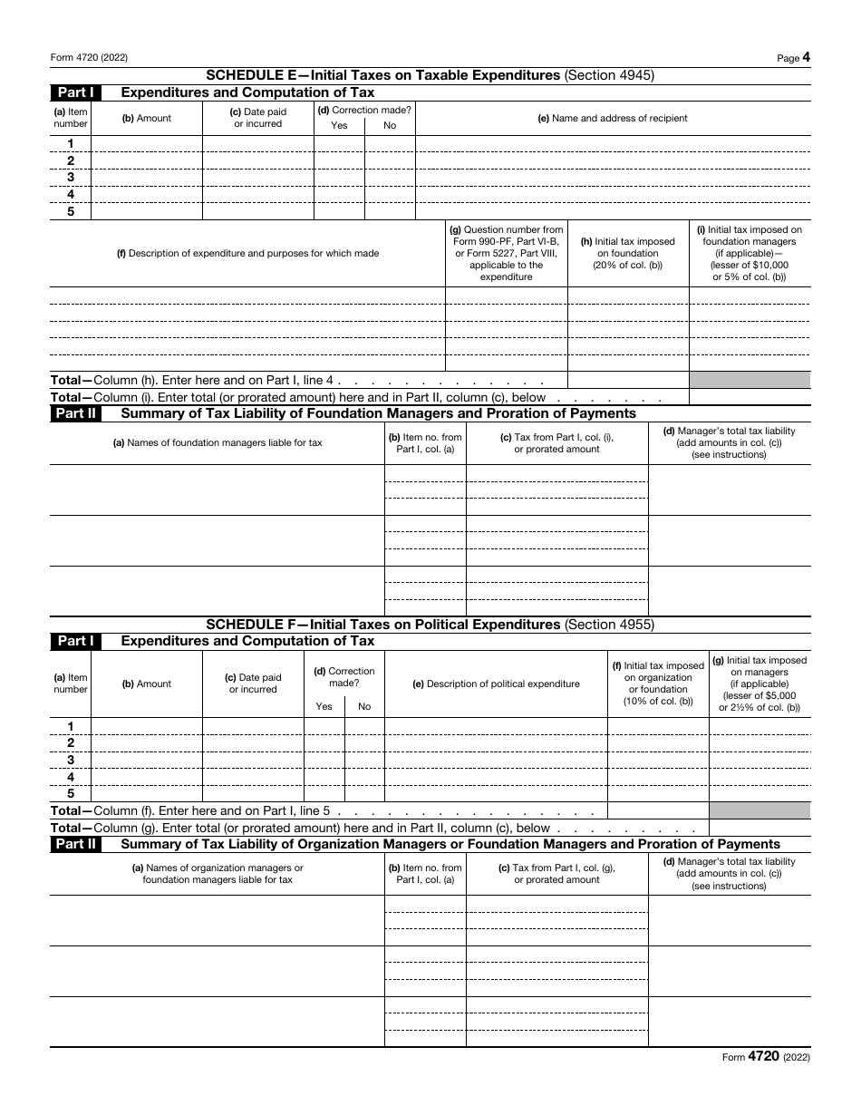 IRS Form 4720 Return of Certain Excise Taxes Under Chapters 41 and 42 of the Internal Revenue Code, Page 4