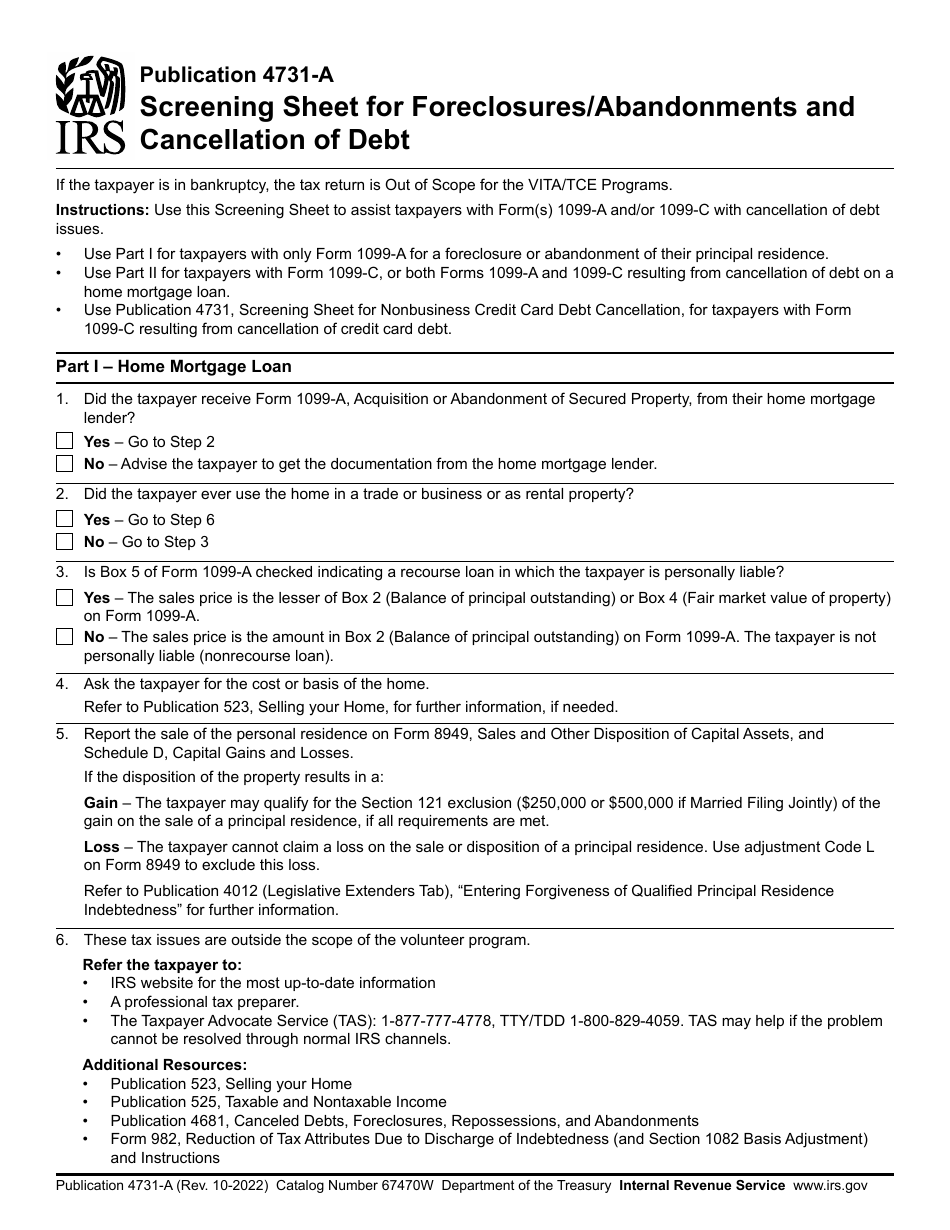 IRS Form 4731-A Screening Sheet for Foreclosures / Abandonments and Cancellation of Debt, Page 1