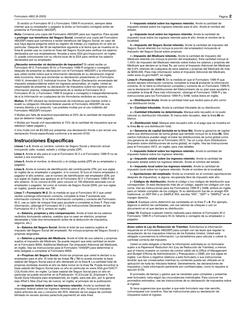 IRS Formulario 4852 Comprobante De Salarios Y Retencion De Impuestos, O El Formulario 1099-r, Distribuciones De Planes De Pension, Anualidades, Jubilacion O Participacion En Las Ganancias, Arreglos Ira, Contratos De Seguros, Etc. (Spanish), Page 2