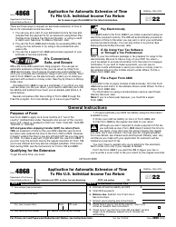 Document preview: IRS Form 4868 Application for Automatic Extension of Time to File U.S. Individual Income Tax Return, 2022