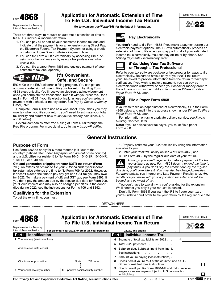 IRS Form 4868 Application for Automatic Extension of Time to File U.S. Individual Income Tax Return, Page 1