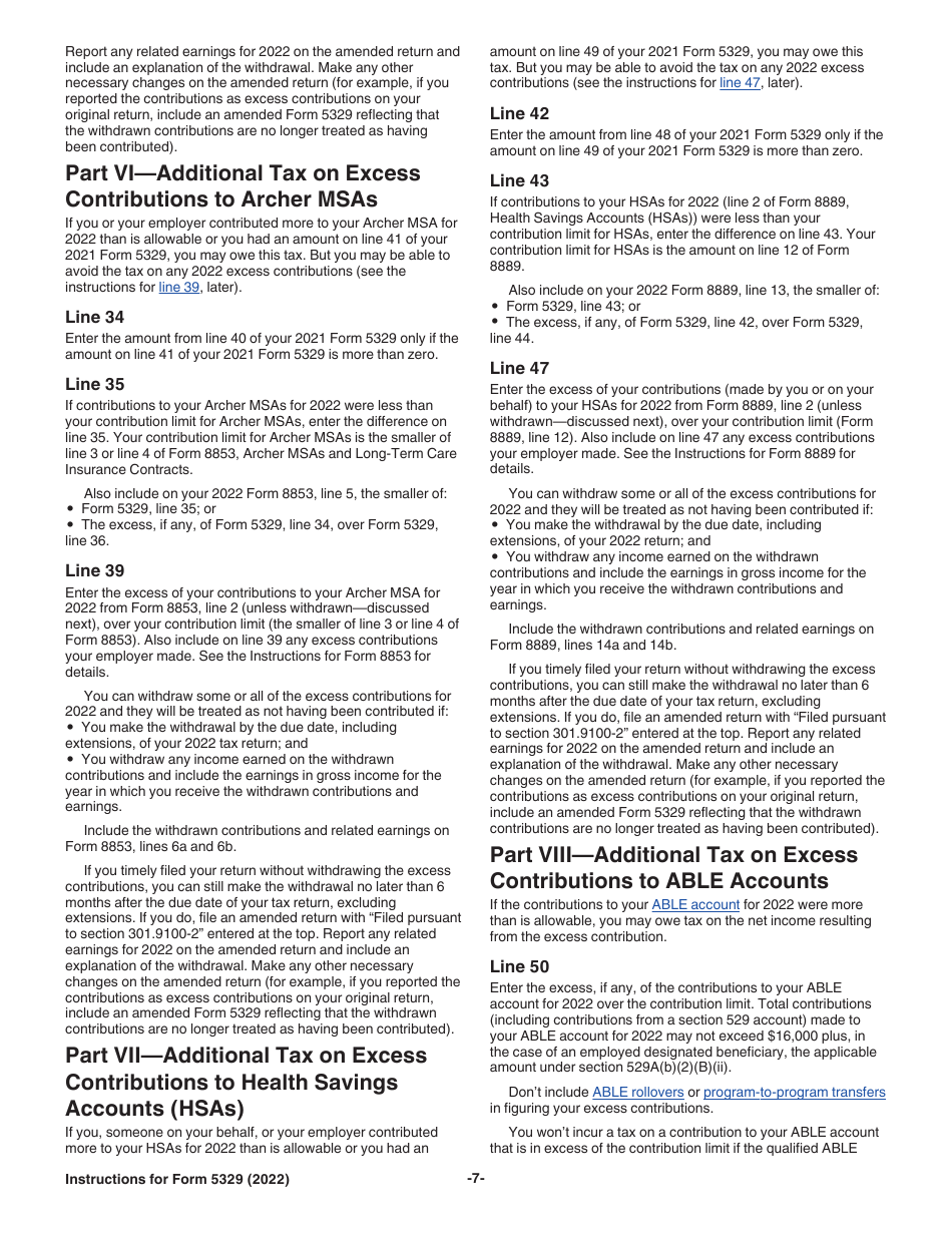 Instructions for IRS Form 5329 Additional Taxes on Qualified Plans (Including IRAs) and Other Tax-Favored Accounts, Page 7