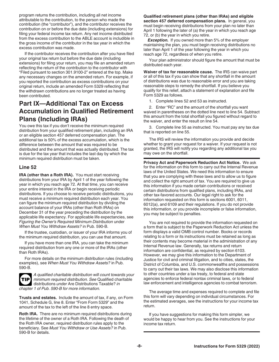 Instructions for IRS Form 5329 Additional Taxes on Qualified Plans (Including IRAs) and Other Tax-Favored Accounts, Page 8
