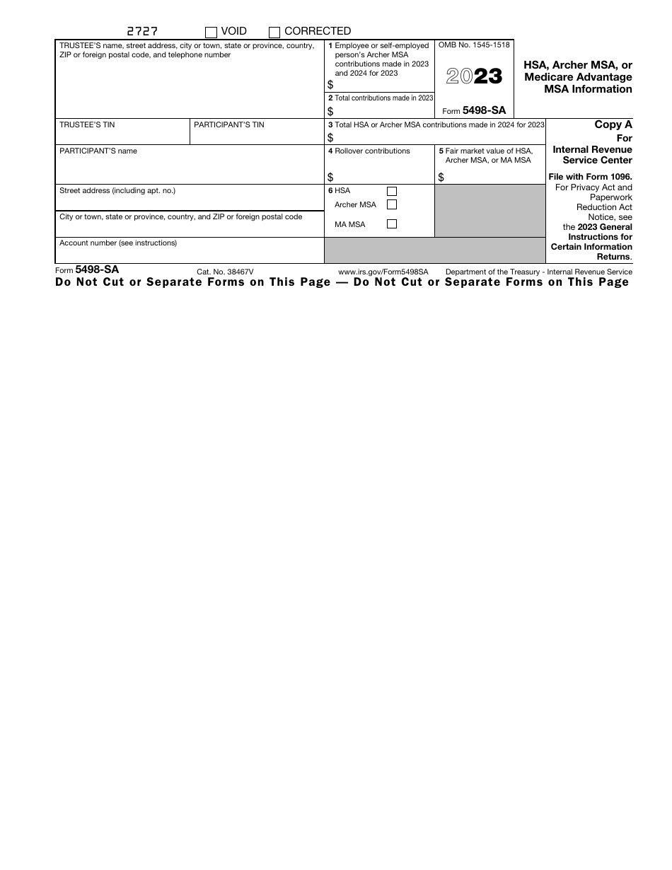 IRS Form 5498-SA Hsa, Archer Msa, or Medicare Advantage Msa Information, Page 1
