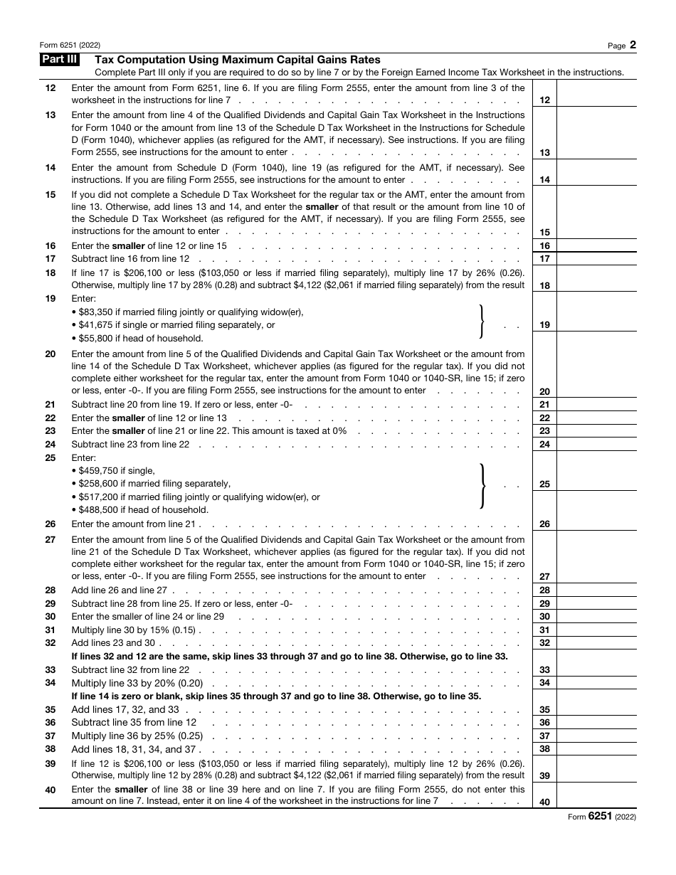 IRS Form 6251 - 2022 - Fill Out, Sign Online and Download Fillable PDF ...