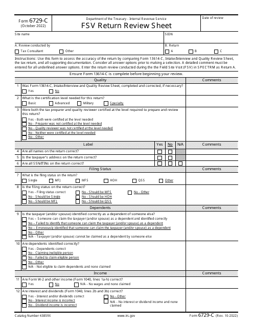 IRS Form 6729-C Fsv Return Review Sheet