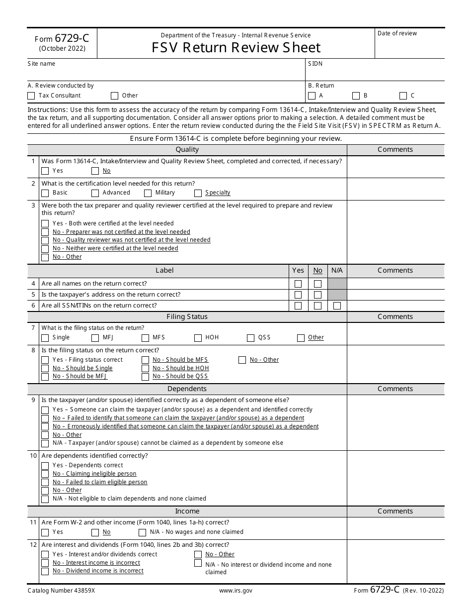 IRS Form 6729-C Fsv Return Review Sheet, Page 1