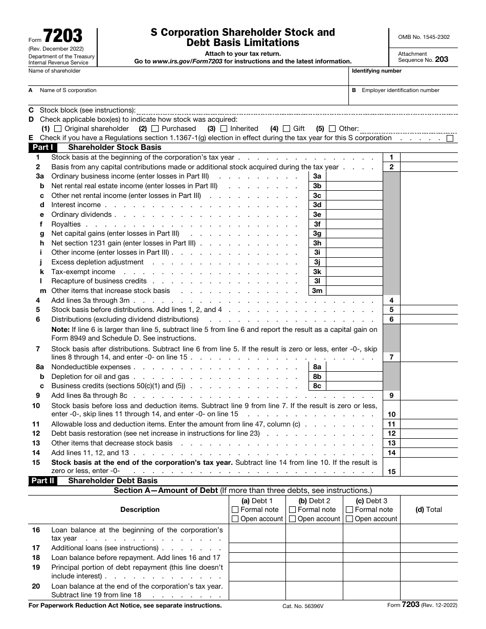 IRS Form 7203 S Corporation Shareholder Stock and Debt Basis Limitations, Page 1
