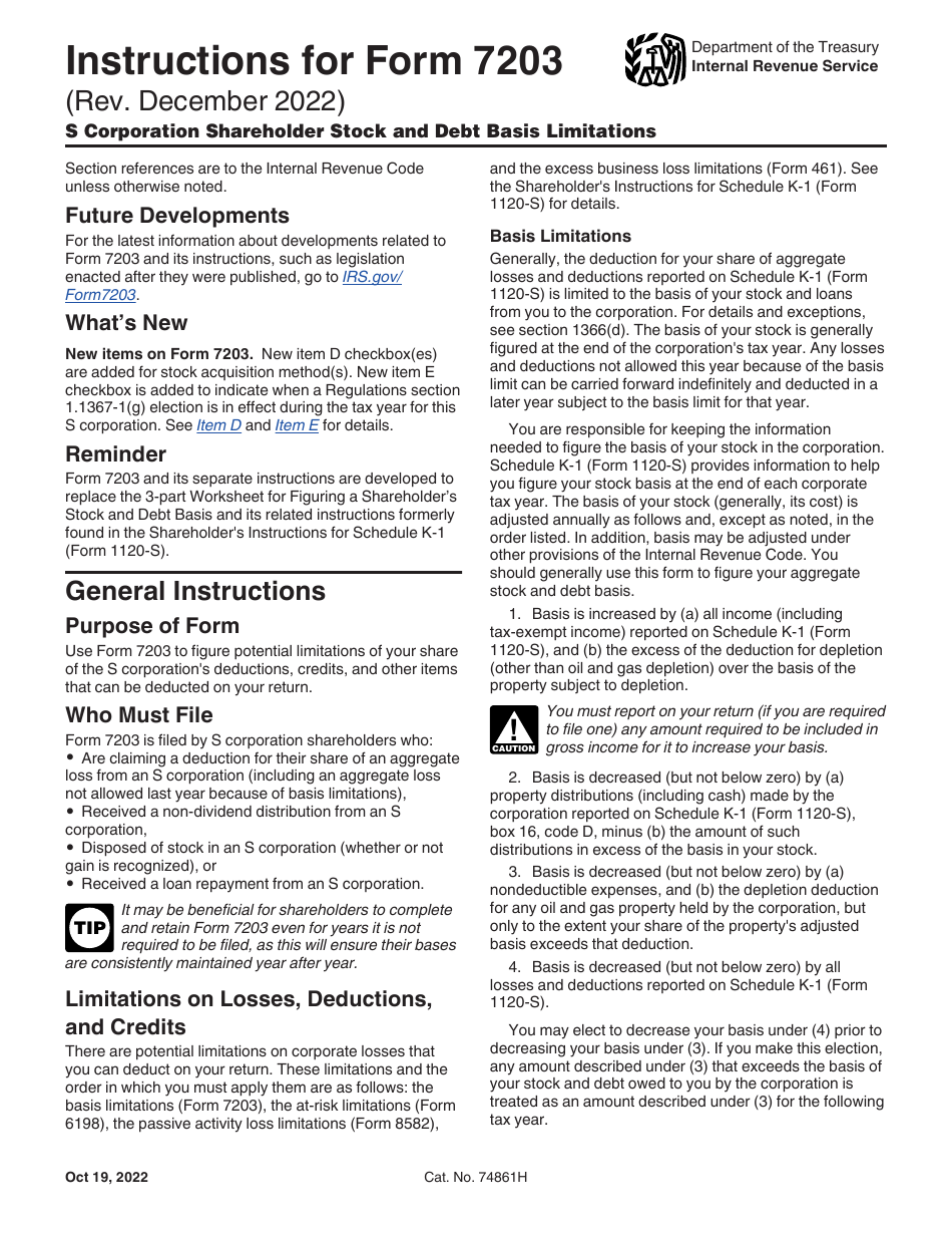 Download Instructions for IRS Form 7203 S Corporation Shareholder Stock