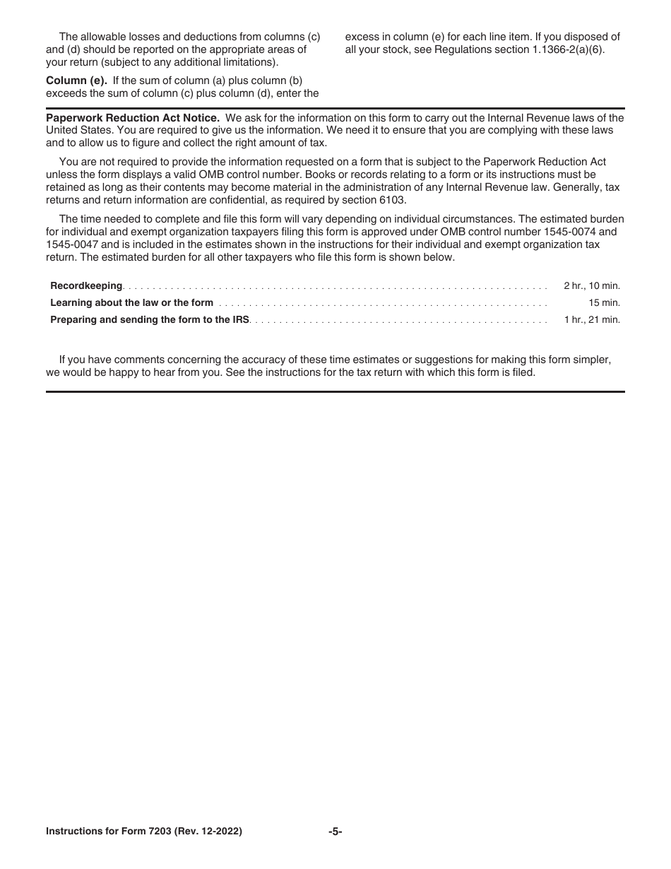 Download Instructions for IRS Form 7203 S Corporation Shareholder Stock