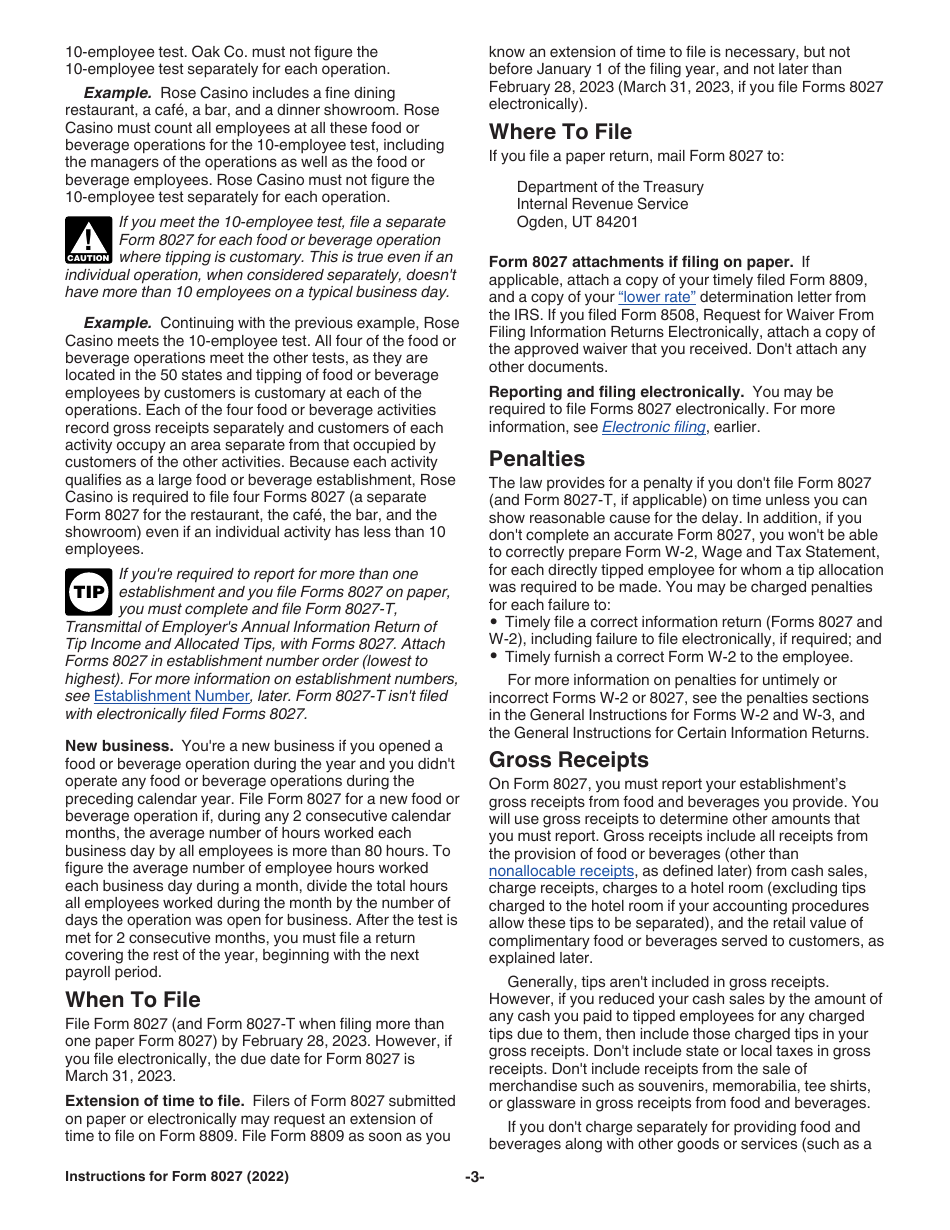 Instructions for IRS Form 8027 Employers Annual Information Return of Tip Income and Allocated Tips, Page 3