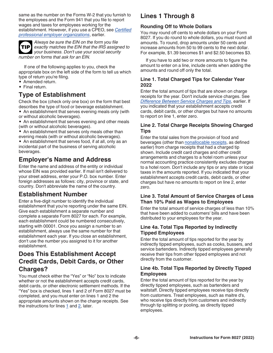 Instructions for IRS Form 8027 Employers Annual Information Return of Tip Income and Allocated Tips, Page 6