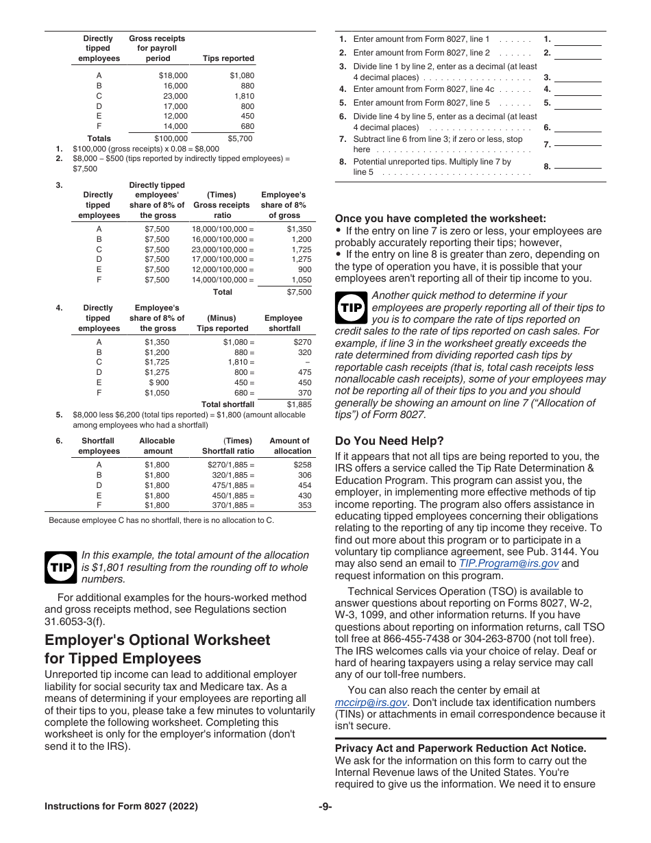 Instructions for IRS Form 8027 Employers Annual Information Return of Tip Income and Allocated Tips, Page 9