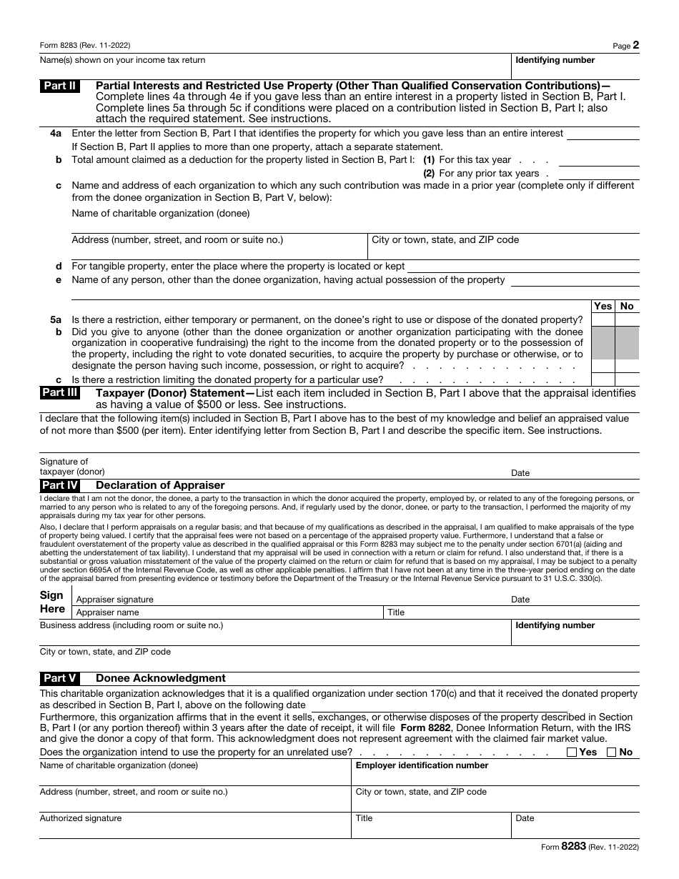 IRS Form 8283 Download Fillable PDF or Fill Online Noncash Charitable