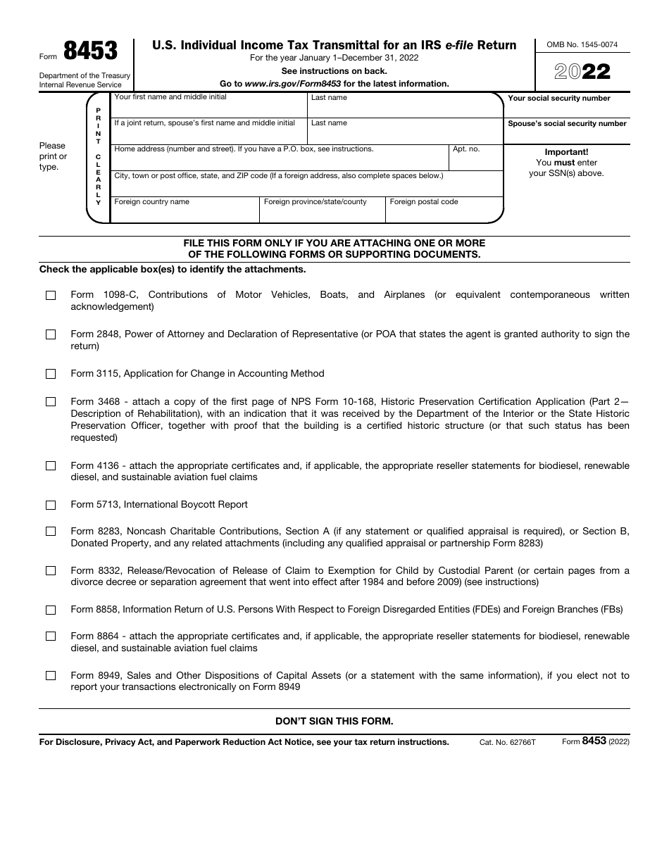 IRS Form 8453 U.S. Individual Income Tax Transmittal for an IRS E-File Return, Page 1