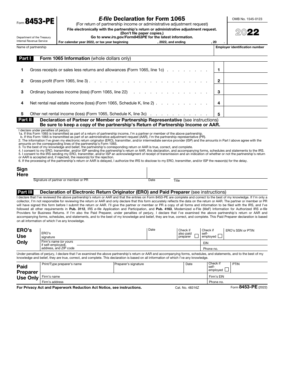 IRS Form 8453-PE E-File Declaration for Form 1065 (For Return of Partnership Income or Administrative Adjustment Request), Page 1