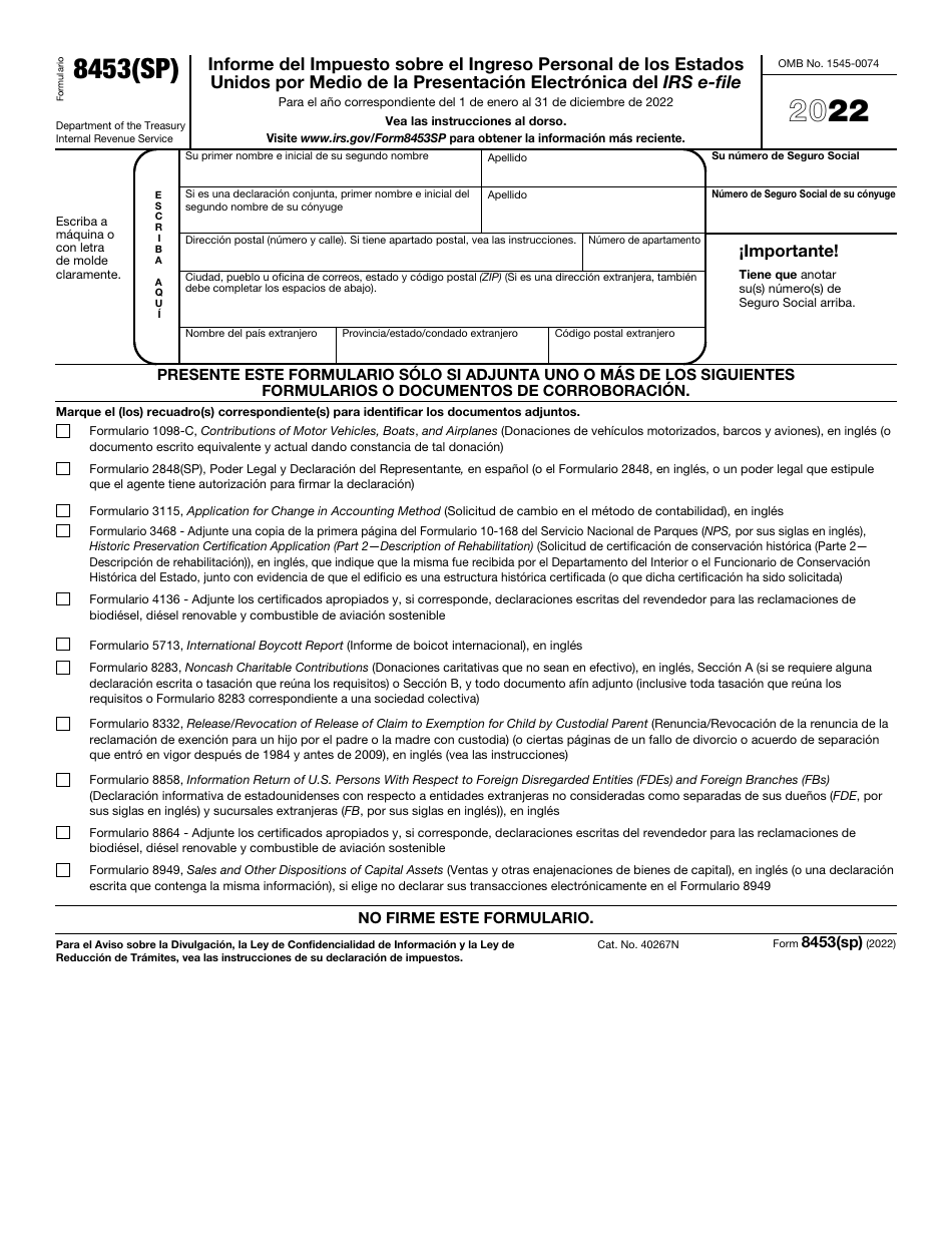 IRS Formulario 8453(SP) Informe Del Impuesto Sobre El Ingreso Personal De Los Estados Unidos Por Medio De La Presentacion Electronica Del IRS E-File (Spanish), Page 1
