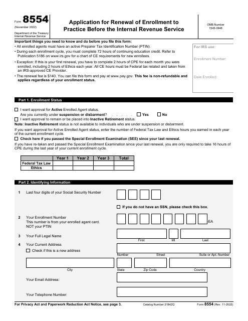 IRS Form 8554 Application for Renewal of Enrollment to Practice Before the Internal Revenue Service
