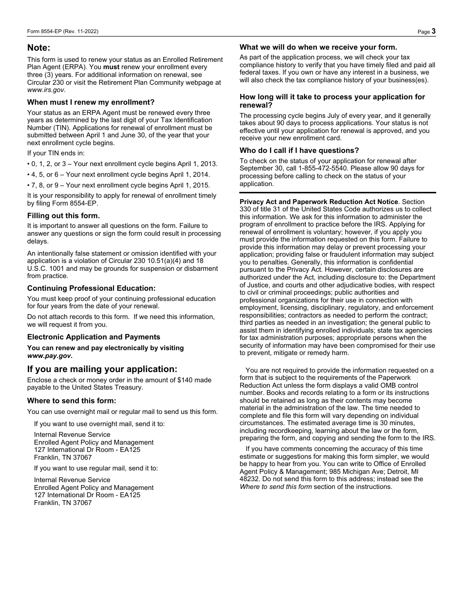 IRS Form 8554-EP Application for Renewal of Enrollment to Practice Before the Internal Revenue Service as an Enrolled Retirement Plan Agent (Erpa), Page 3