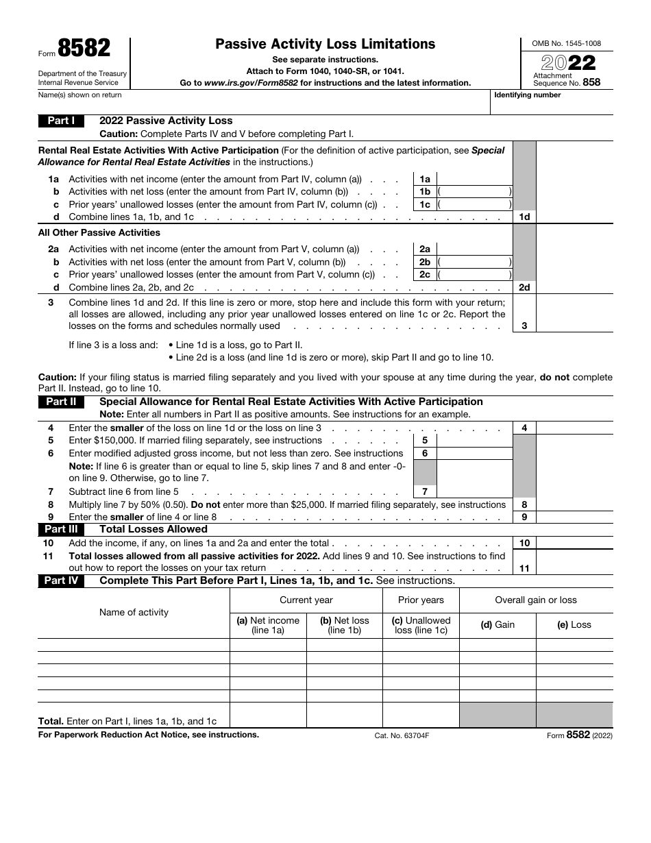 IRS Form 8582 Download Fillable PDF or Fill Online Passive Activity ...