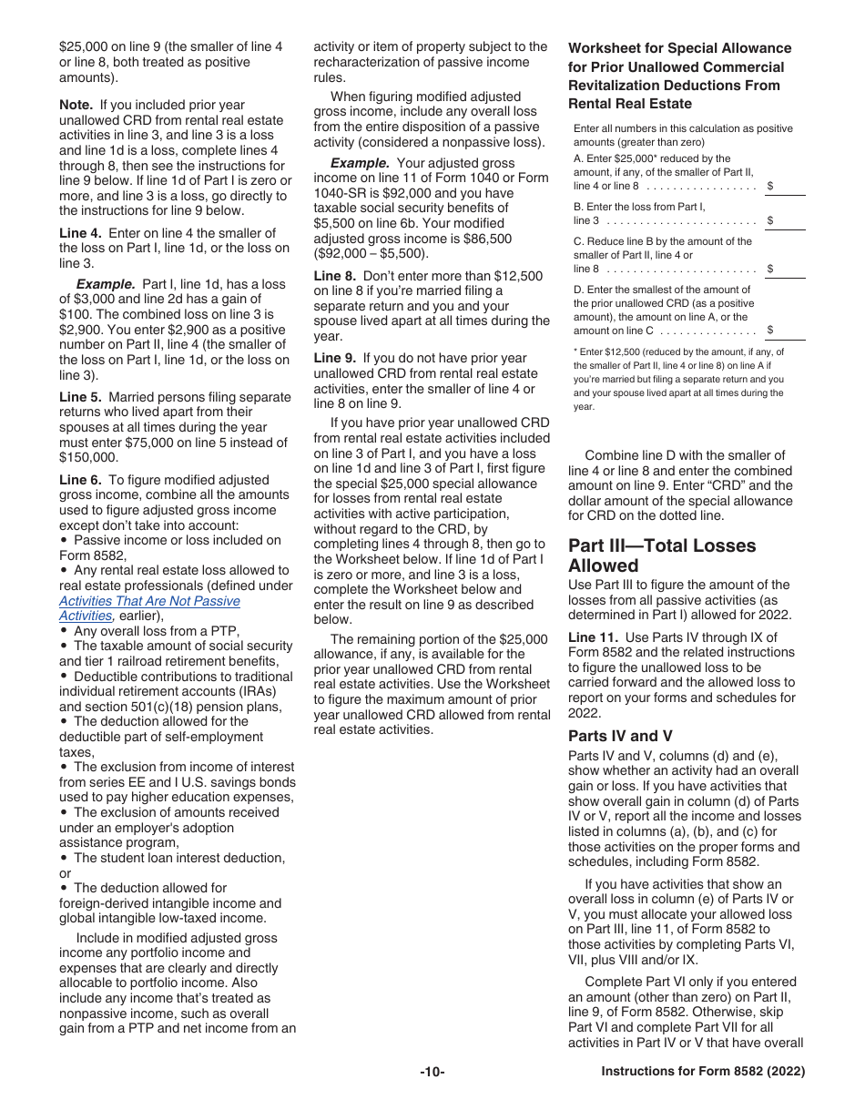 Instructions for IRS Form 8582 Passive Activity Loss Limitations, Page 10