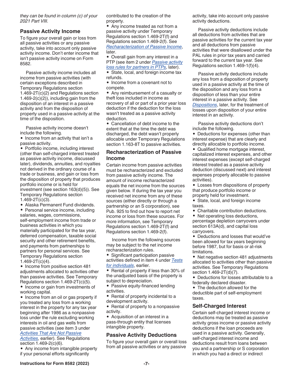 Download Instructions for IRS Form 8582 Passive Activity Loss ...