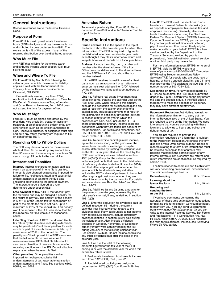 IRS Form 8612 Return of Excise Tax on Undistributed Income of Real Estate Investment Trusts, Page 2